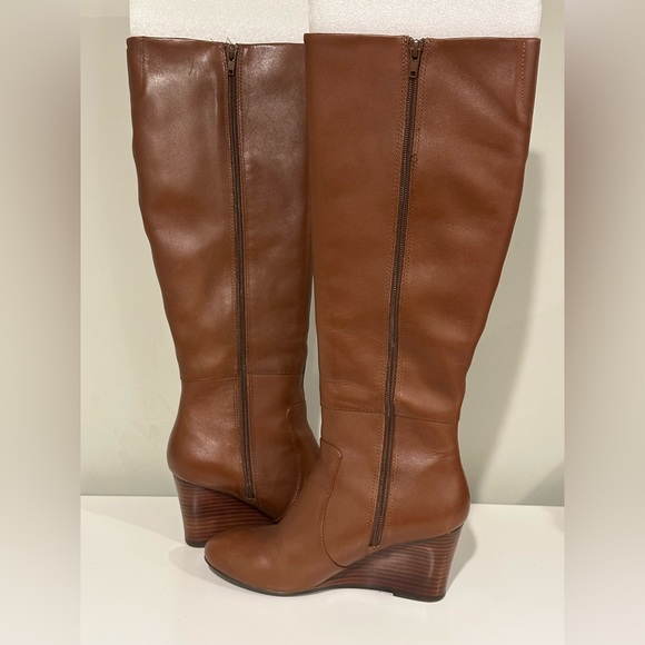 Nine West Tan Tall Leather UpperTextile Lining  Wedge Wide Calf Boots  Sz 7.5 - Picture 5 of 13